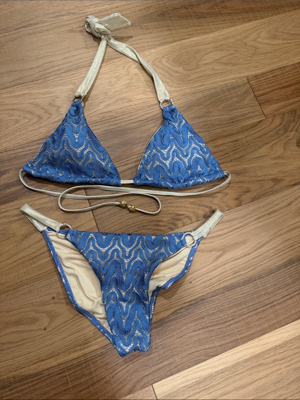 Blue Metallic Lace Triangle Bikini Set with Cream Straps